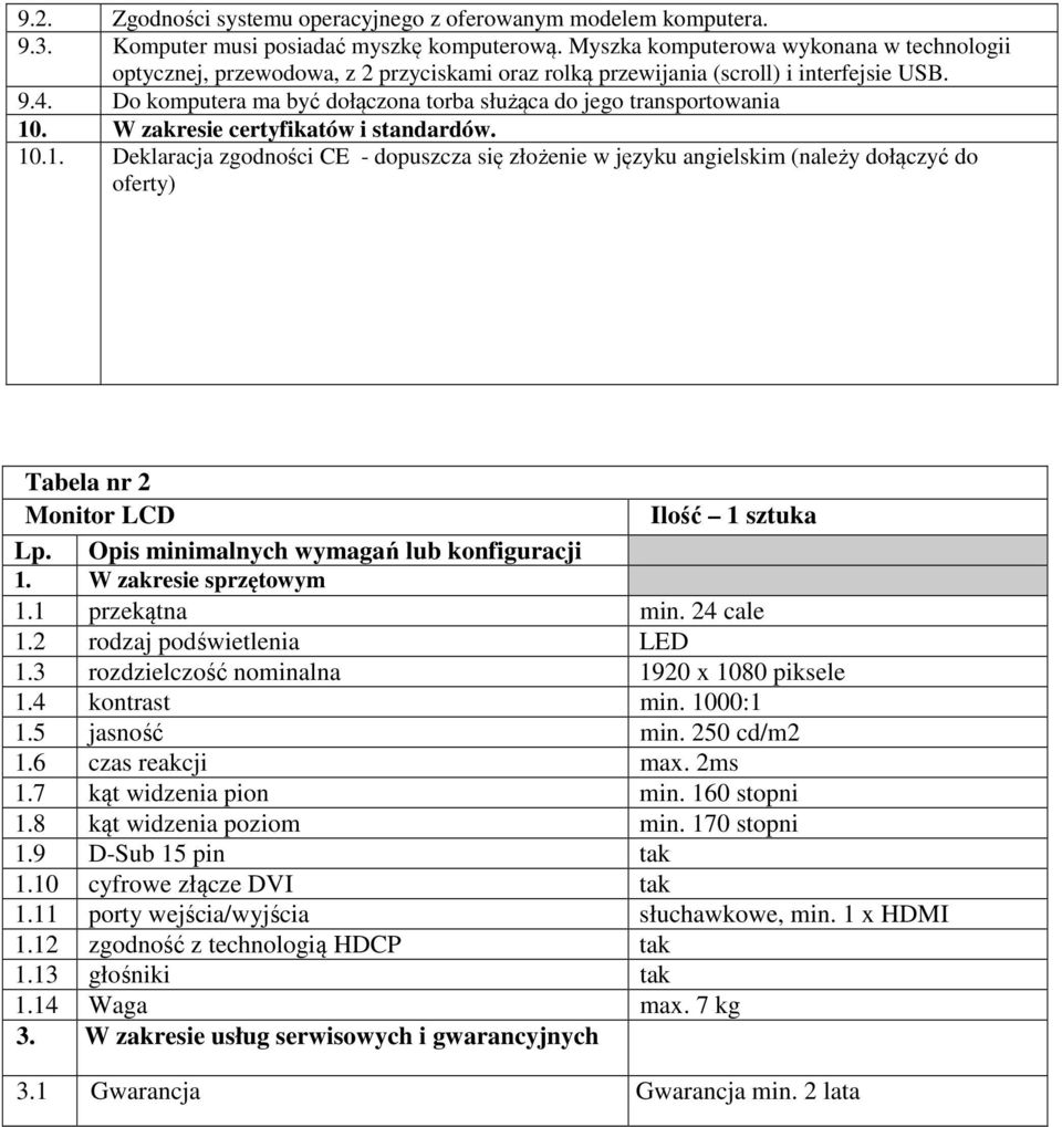 Do komputera ma być dołączona torba służąca do jego transportowania 10. W zakresie certyfikatów i standardów. 10.1. Deklaracja zgodności CE - dopuszcza się złożenie w języku angielskim (należy dołączyć do oferty) Tabela nr 2 Monitor LCD Lp.