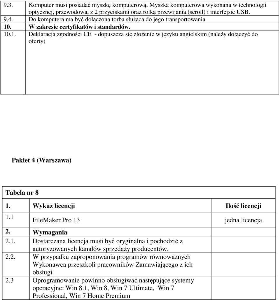 . W zakresie certyfikatów i standardów. 10.1. Deklaracja zgodności CE - dopuszcza się złożenie w języku angielskim (należy dołączyć do oferty) Pakiet 4 (Warszawa) Tabela nr 8 1.