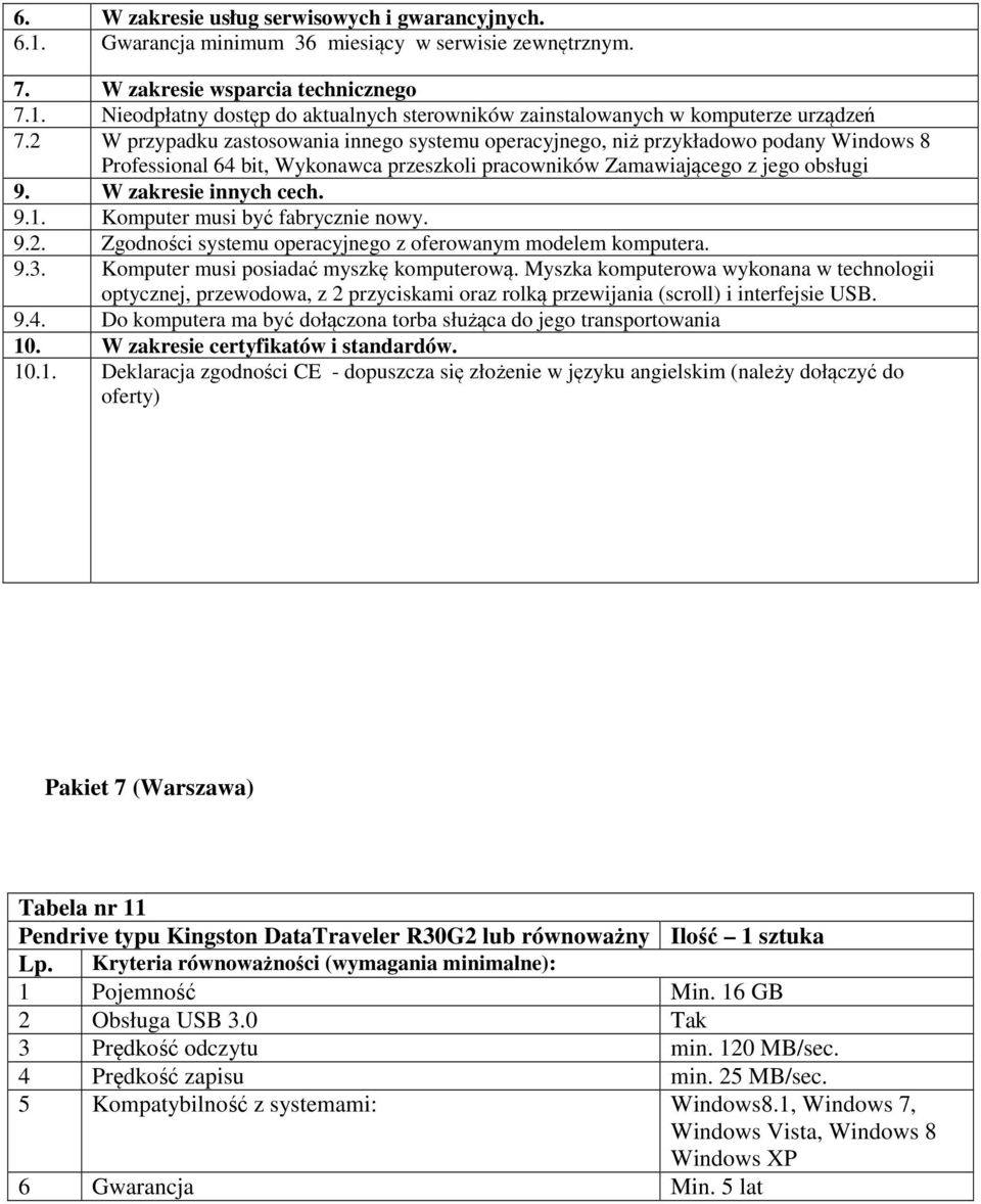 9.1. Komputer musi być fabrycznie nowy. 9.2. Zgodności systemu operacyjnego z oferowanym modelem komputera. 9.3. Komputer musi posiadać myszkę komputerową.