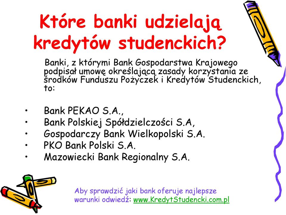 Funduszu Pożyczek i Kredytów Studenckich, to: Bank PEKAO S.A., Bank Polskiej Spółdzielczości S.