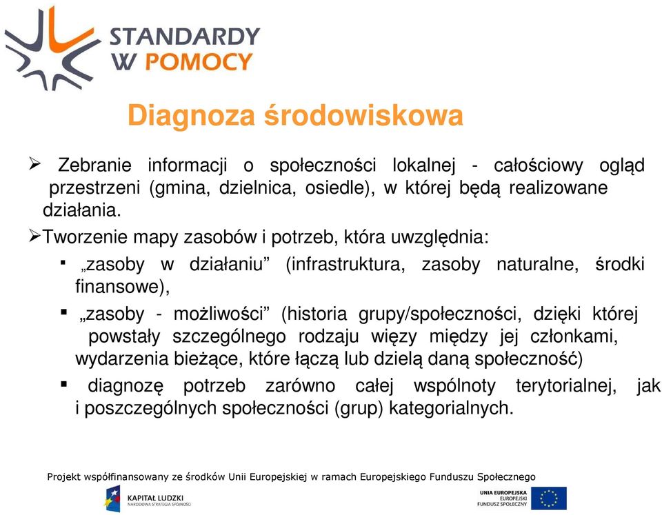 Tworzenie mapy zasobów i potrzeb, która uwzględnia: zasoby w działaniu (infrastruktura, zasoby naturalne, środki finansowe), zasoby - możliwości