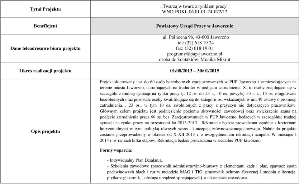 miasta Jaworzno, natrafiających na trudności w podjęciu zatrudnienia. Są to osoby znajdujące się w szczególnie trudnej sytuacji na rynku pracy tj. 12 os. do 25 r., 10 os. powyżej 50 r. ż., 15 os.