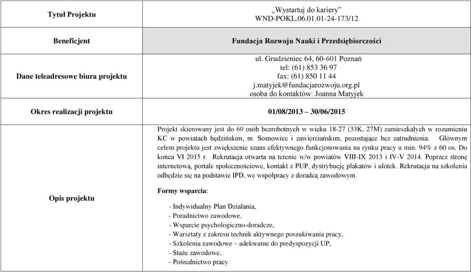 powiatach będzińskim, m. Sosnowiec i zawierciańskim, pozostające bez zatrudnienia. Głównym celem projektu jest zwiększenie szans efektywnego funkcjonowania na rynku pracy u min. 94% z 60 os.