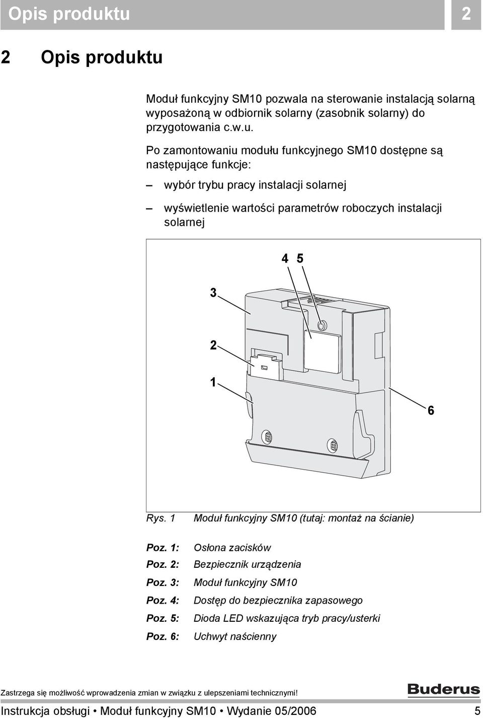 modułu funkcyjnego SM10 dostępne są następujące funkcje: wybór trybu pracy instalacji solarnej wyświetlenie wartości parametrów roboczych instalacji solarnej 4 5 3 2