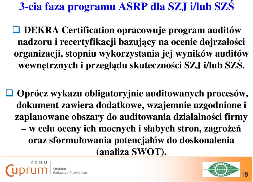 Oprócz wykazu obligatoryjnie auditowanych procesów, dokument zawiera dodatkowe, wzajemnie uzgodnione i zaplanowane obszary do