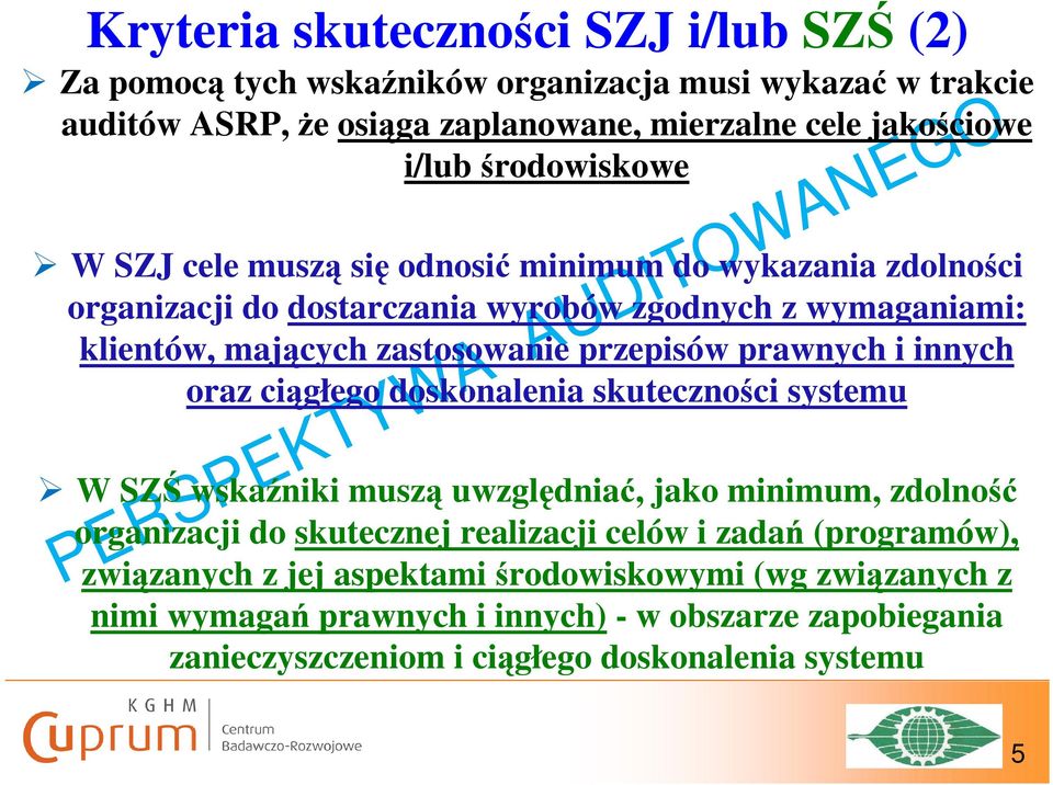 prawnych i innych oraz ciągłego doskonalenia skuteczności systemu W SZŚ wskaźniki muszą uwzględniać, jako minimum, zdolność organizacji do skutecznej realizacji celów i zadań
