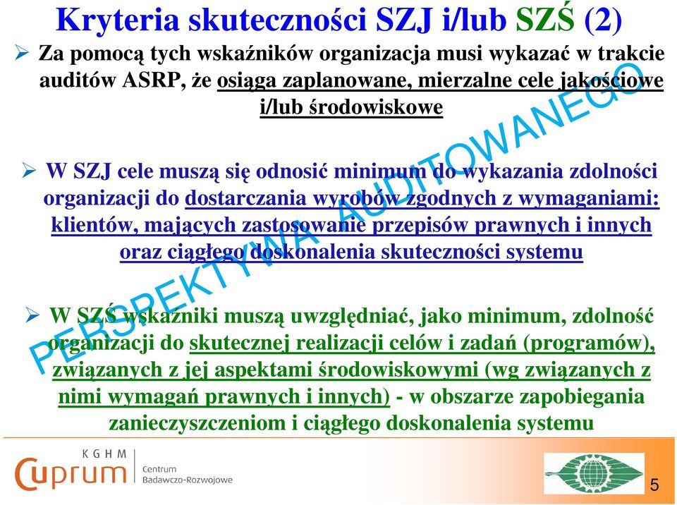 prawnych i innych oraz ciągłego doskonalenia skuteczności systemu W SZŚ wskaźniki muszą uwzględniać, jako minimum, zdolność organizacji do skutecznej realizacji celów i zadań