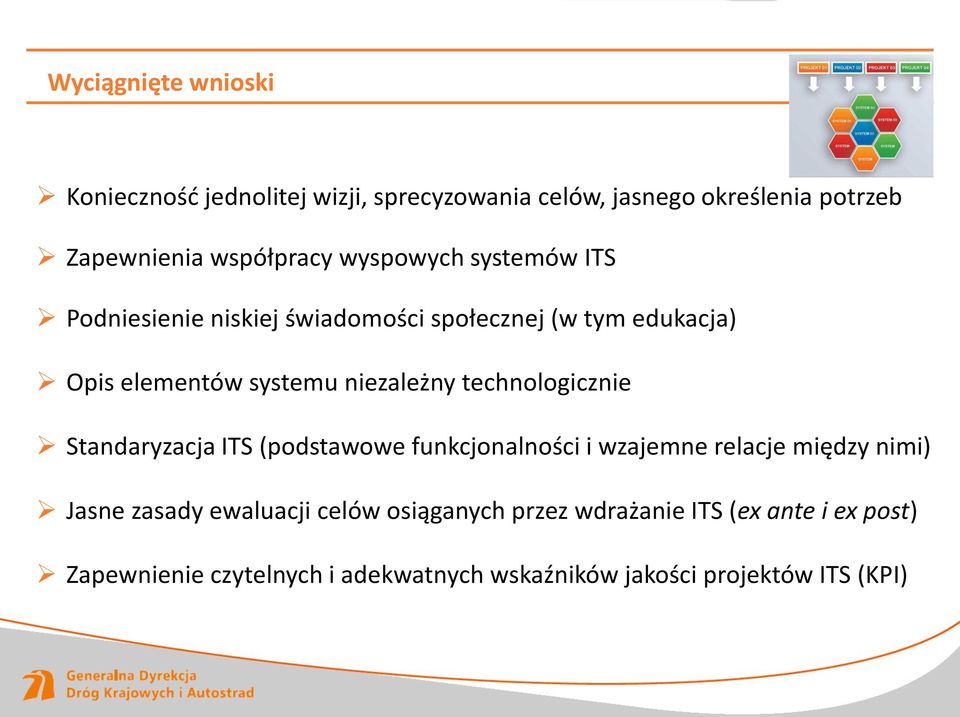 technologicznie Standaryzacja ITS (podstawowe funkcjonalności i wzajemne relacje między nimi) Jasne zasady ewaluacji