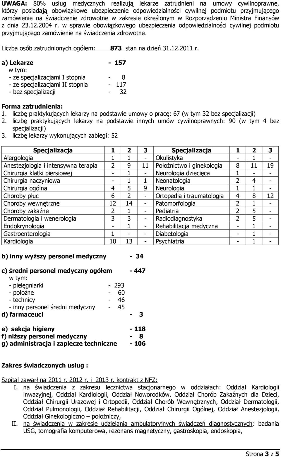 w sprawie obowiązkowego ubezpieczenia odpowiedzialności cywilnej podmiotu przyjmującego zamówienie na świadczenia zdrowotne. Liczba osób zatrudnionych ogółem: 873 stan na dzień 31.12.2011 r.