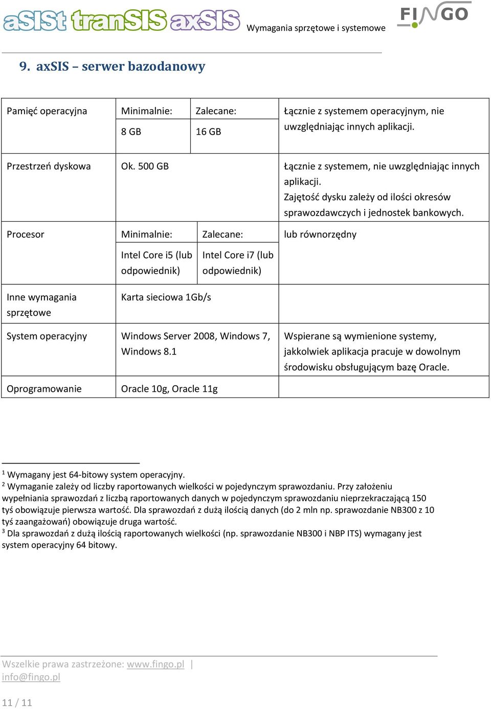 Oprogramowanie Oracle 10g, Oracle 11g 1 Wymagany jest 64-bitowy system operacyjny. 2 Wymaganie zależy od liczby raportowanych wielkości w pojedynczym sprawozdaniu.