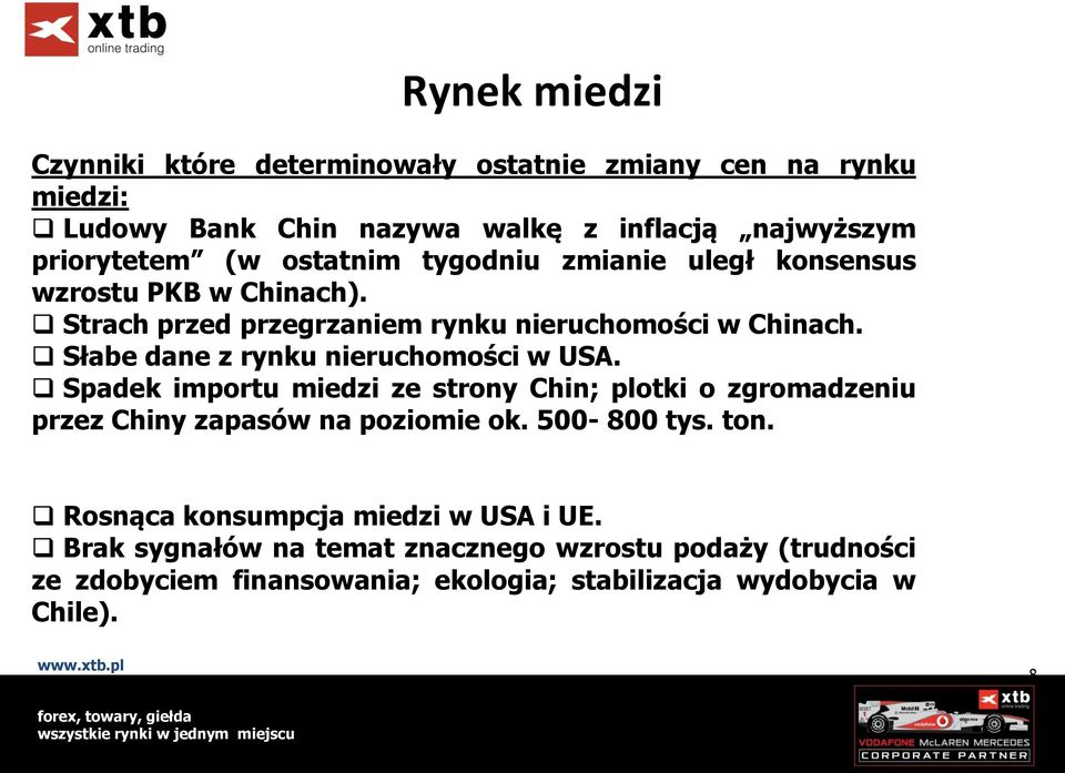 Słabe dane z rynku nieruchomości w USA. Spadek importu miedzi ze strony Chin; plotki o zgromadzeniu przez Chiny zapasów na poziomie ok. 500-800 tys.