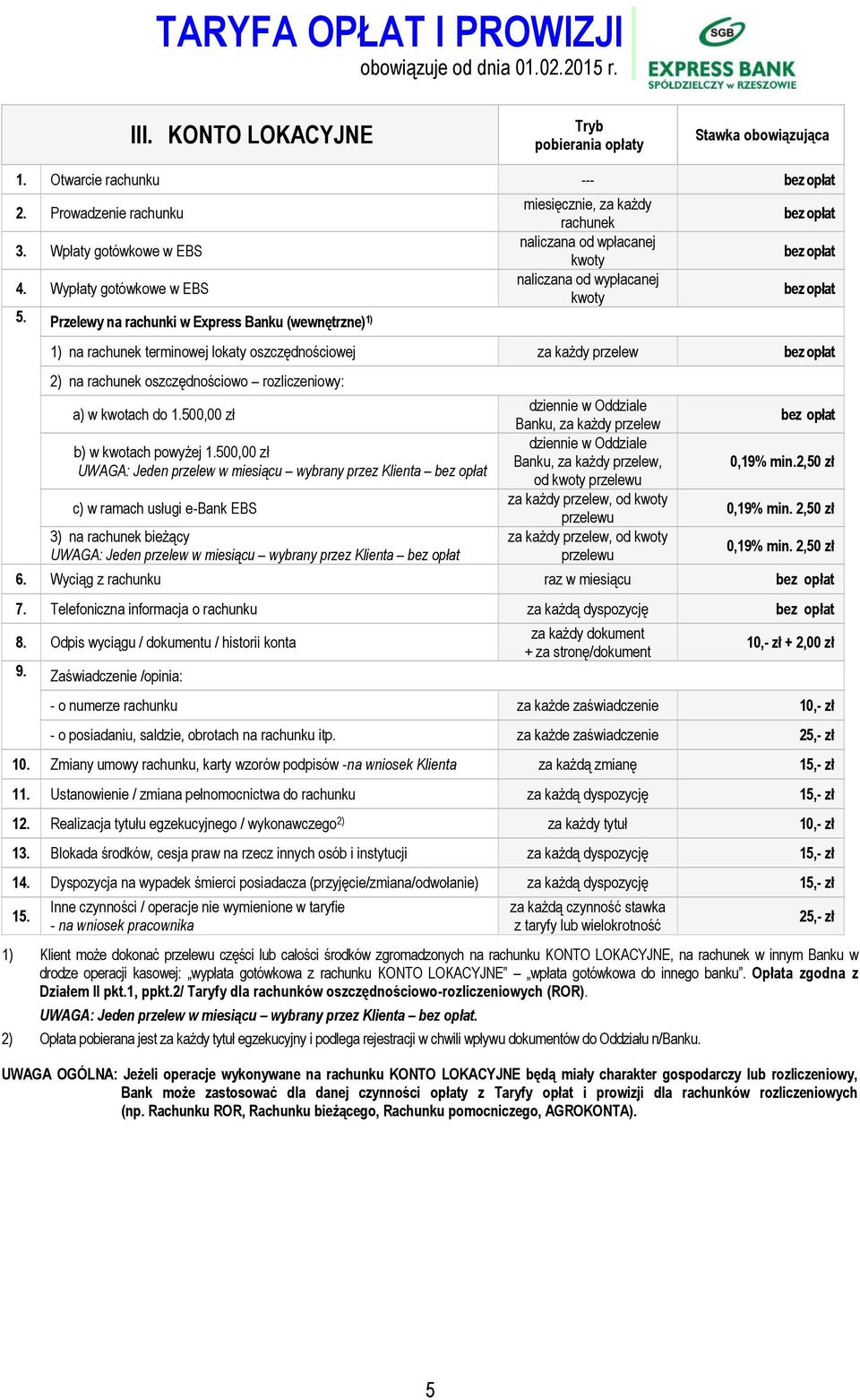 każdy przelew 2) na rachunek oszczędnościowo rozliczeniowy: a) w kwotach do 1.500,00 zł b) w kwotach powyżej 1.