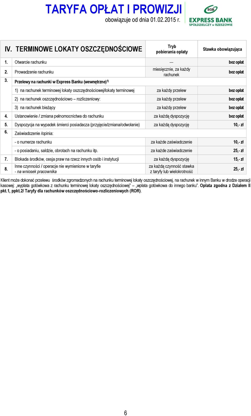 rozliczeniowy: za każdy przelew 3) na rachunek bieżący za każdy przelew 4. Ustanowienie / zmiana pełnomocnictwa do rachunku za każdą dyspozycję 5.