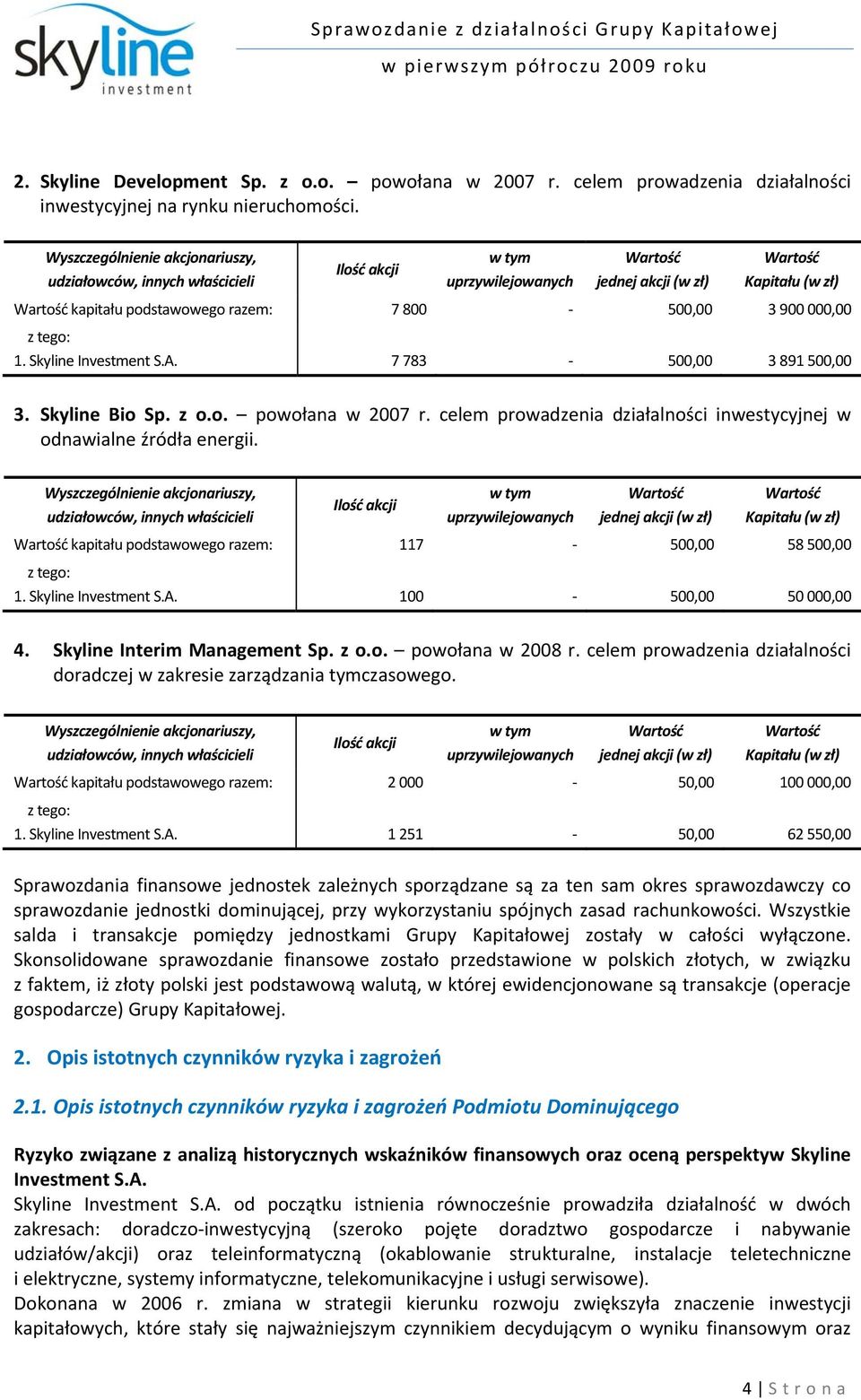 500,00 3 900 000,00 z tego: 1. Skyline Investment S.A. 7 783 500,00 3 891 500,00 3. Skyline Bio Sp. z o.o. powołana w 2007 r. celem prowadzenia działalności inwestycyjnej w odnawialne źródła energii.