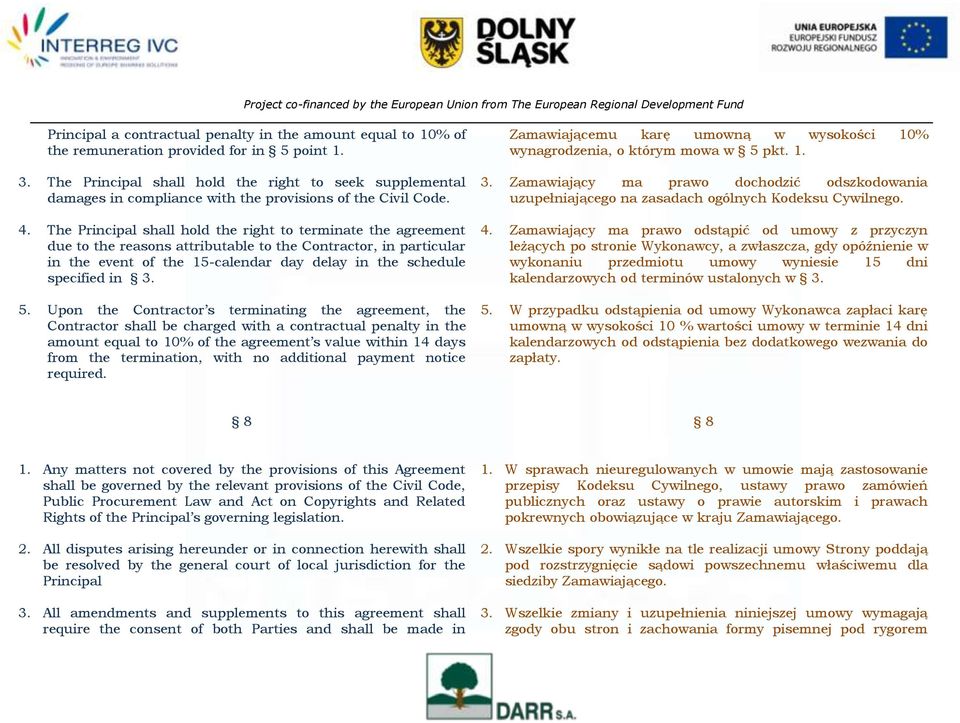 The Principal shall hold the right to terminate the agreement due to the reasons attributable to the Contractor, in particular in the event of the 15-calendar day delay in the schedule specified in 3.