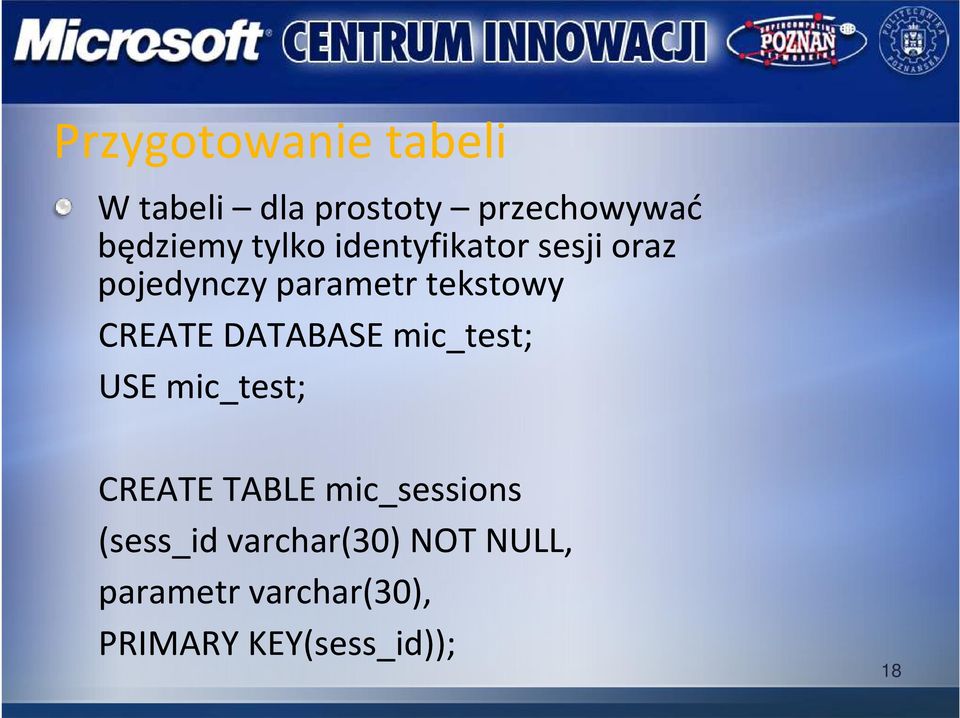 DATABASE mic_test; USE mic_test; CREATE TABLE mic_sessions (sess_id