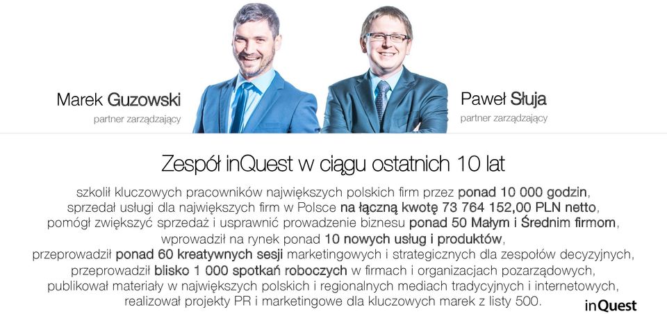 rynek ponad 10 nowych usług i produktów, przeprowadził ponad 60 kreatywnych sesji marketingowych i strategicznych dla zespołów decyzyjnych, przeprowadził blisko 1 000 spotkań roboczych w firmach