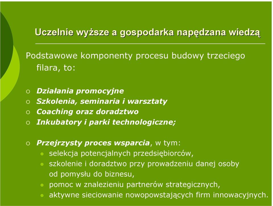 proces wsparcia, w tym: selekcja potencjalnych przedsiębiorców, szkolenie i doradztwo przy prowadzeniu danej osoby od