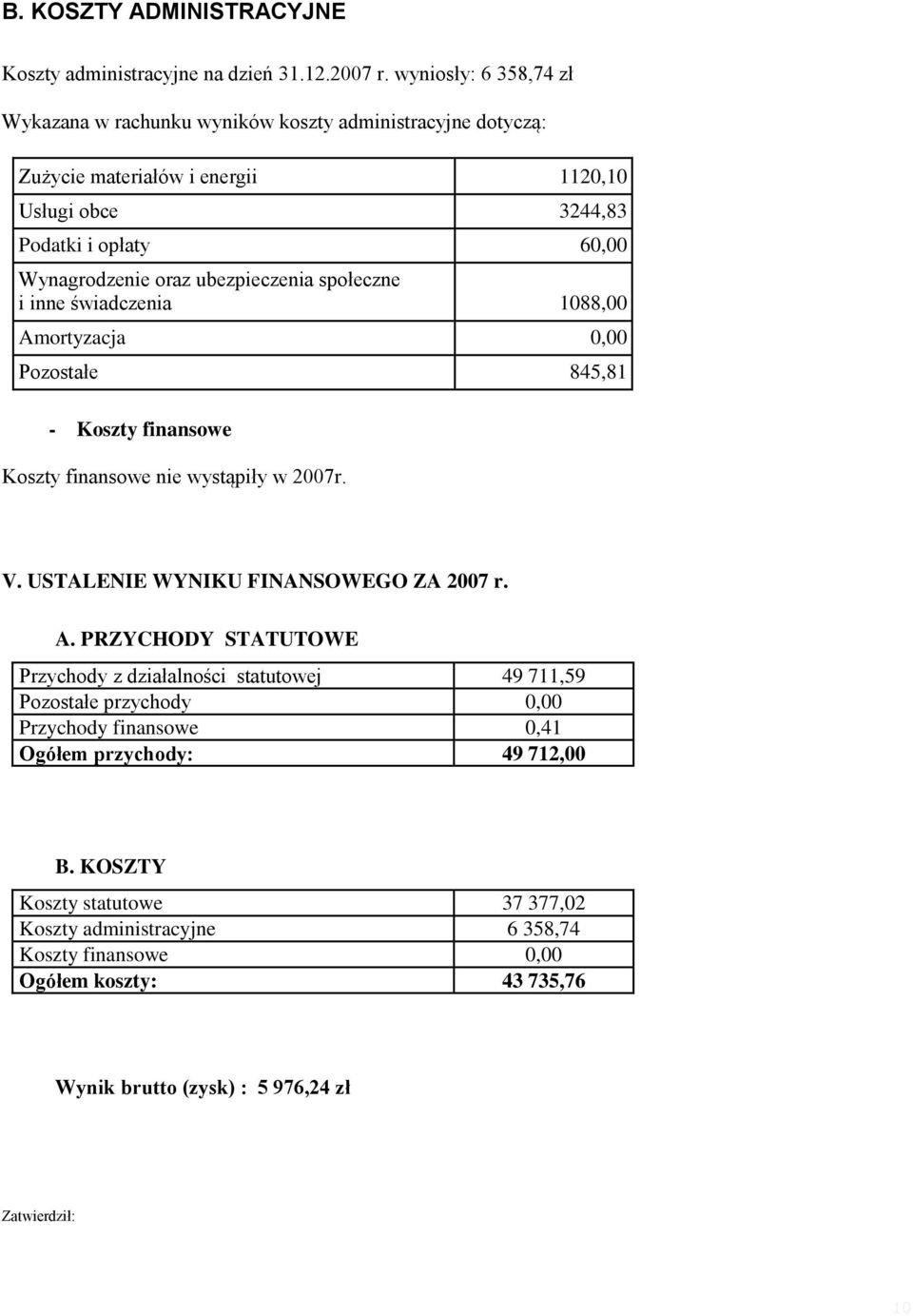 ubezpieczenia społeczne i inne świadczenia 1088,00 Amortyzacja 0,00 Pozostałe 845,81 - Koszty finansowe Koszty finansowe nie wystąpiły w 2007r. V. USTALENIE WYNIKU FINANSOWEGO ZA 2007 r.