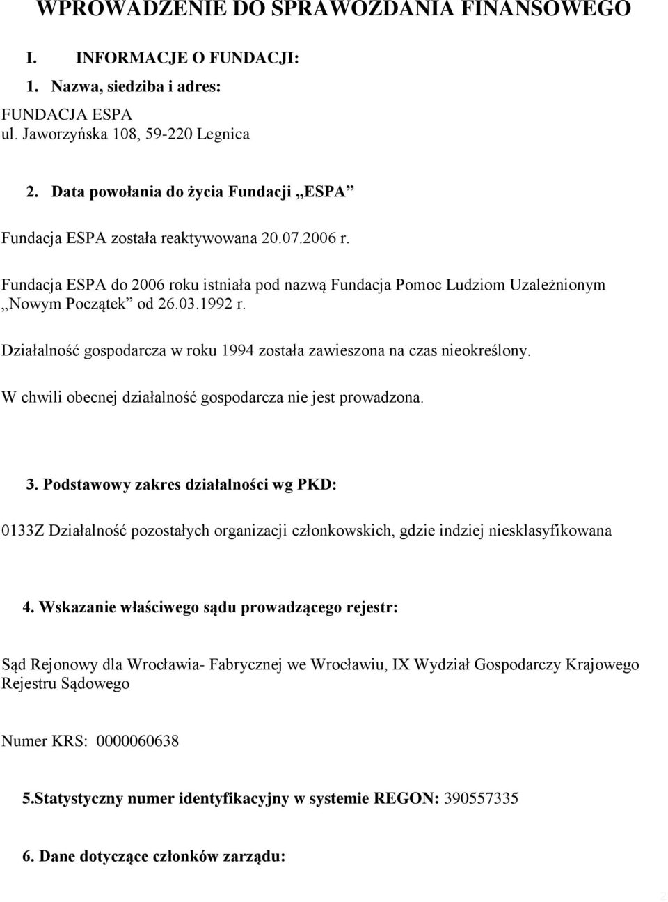 Działalność gospodarcza w roku 1994 została zawieszona na czas nieokreślony. W chwili obecnej działalność gospodarcza nie jest prowadzona. 3.