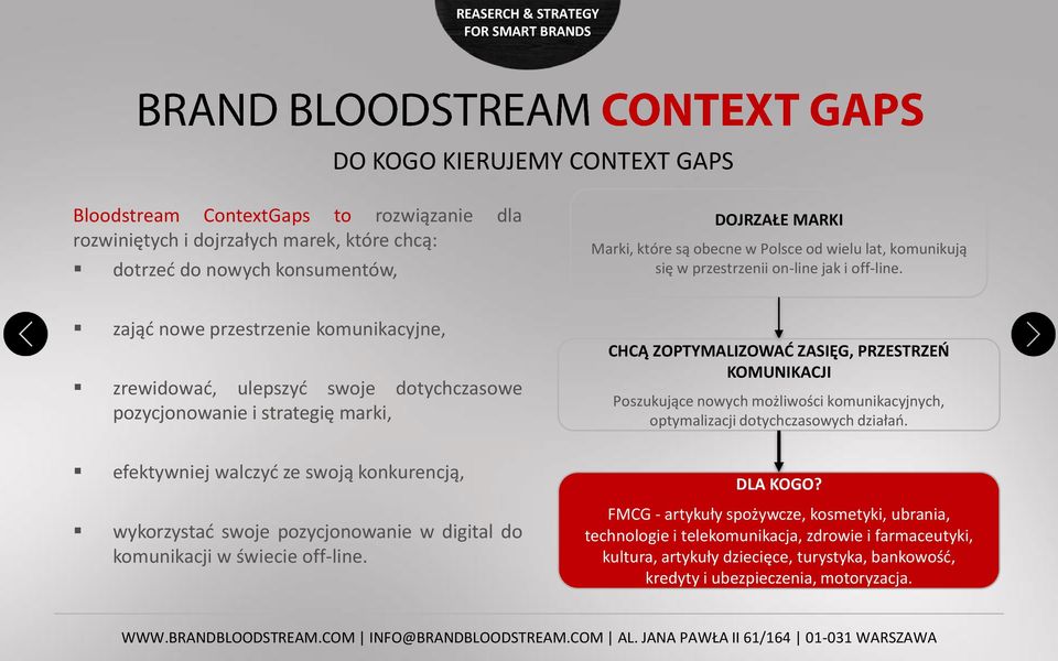 zająć nowe przestrzenie komunikacyjne, zrewidować, ulepszyć swoje dotychczasowe pozycjonowanie i strategię marki, CHCĄ ZOPTYMALIZOWAĆ ZASIĘG, PRZESTRZEŃ KOMUNIKACJI Poszukujące nowych możliwości