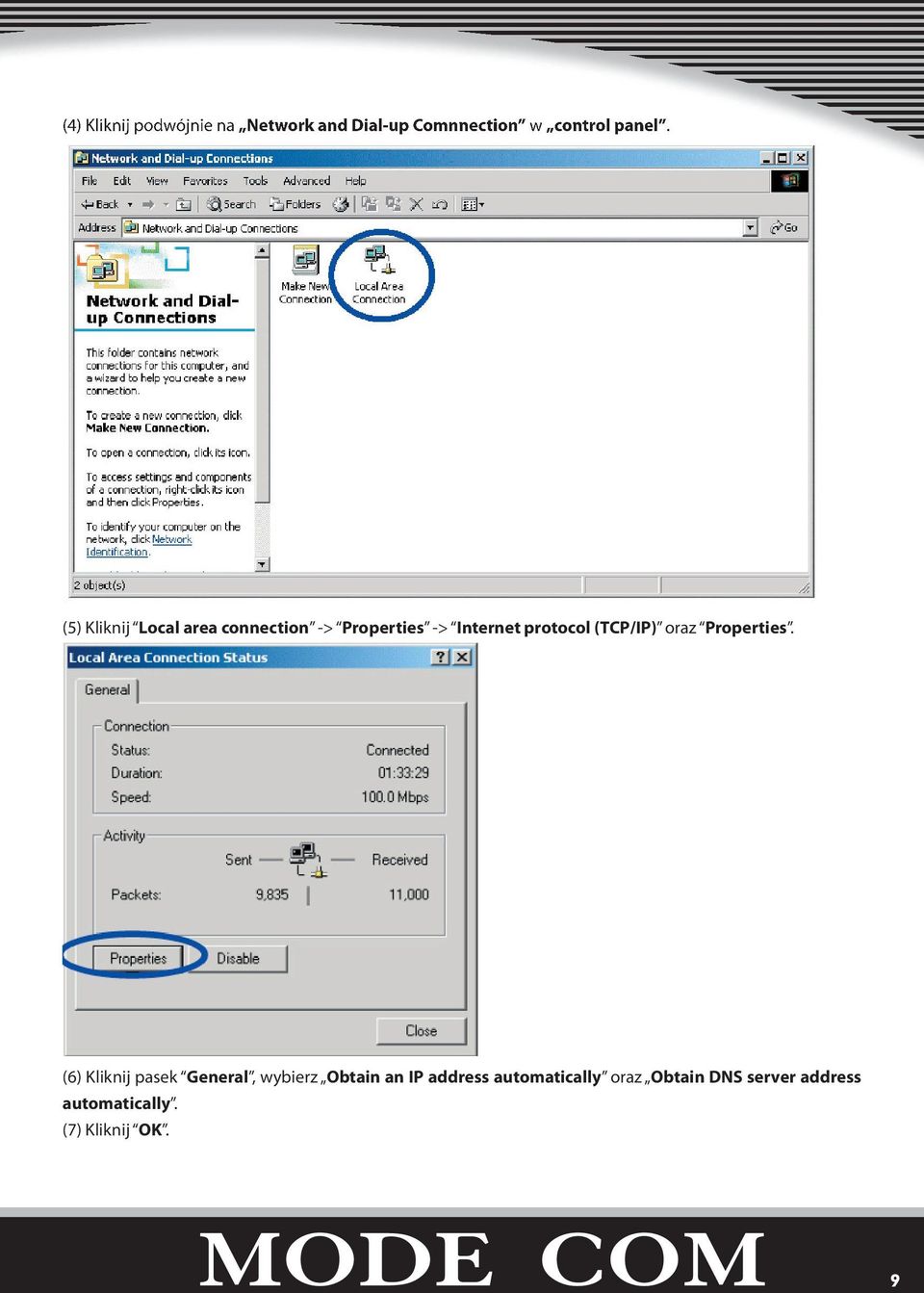 (TCP/IP) oraz Properties.