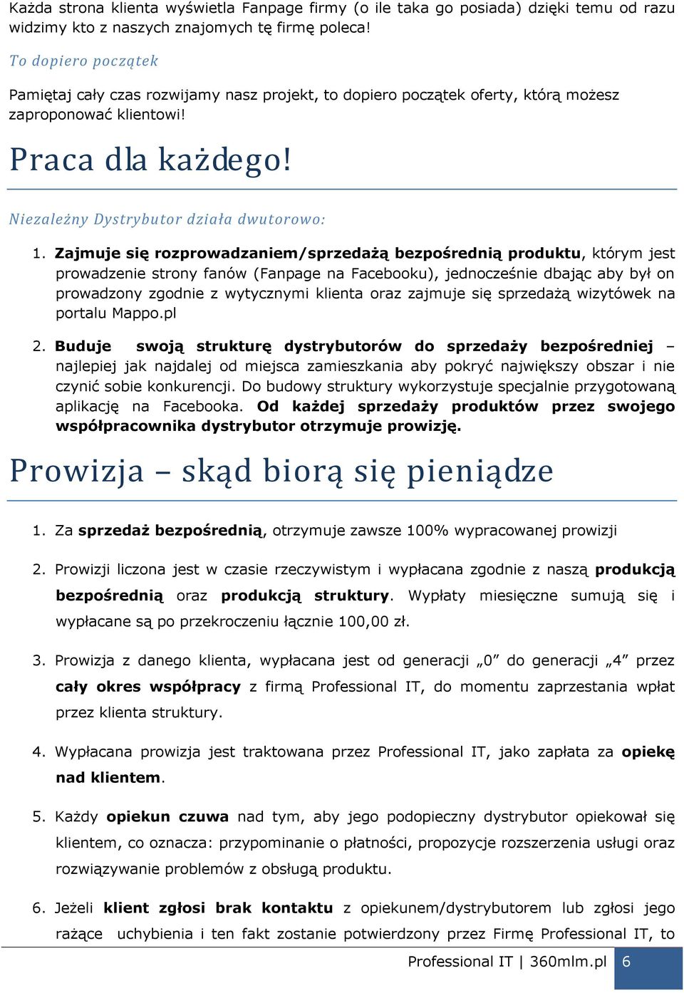 Zajmuje się rozprowadzaniem/sprzedażą bezpośrednią produktu, którym jest prowadzenie strony fanów (Fanpage na Facebooku), jednocześnie dbając aby był on prowadzony zgodnie z wytycznymi klienta oraz