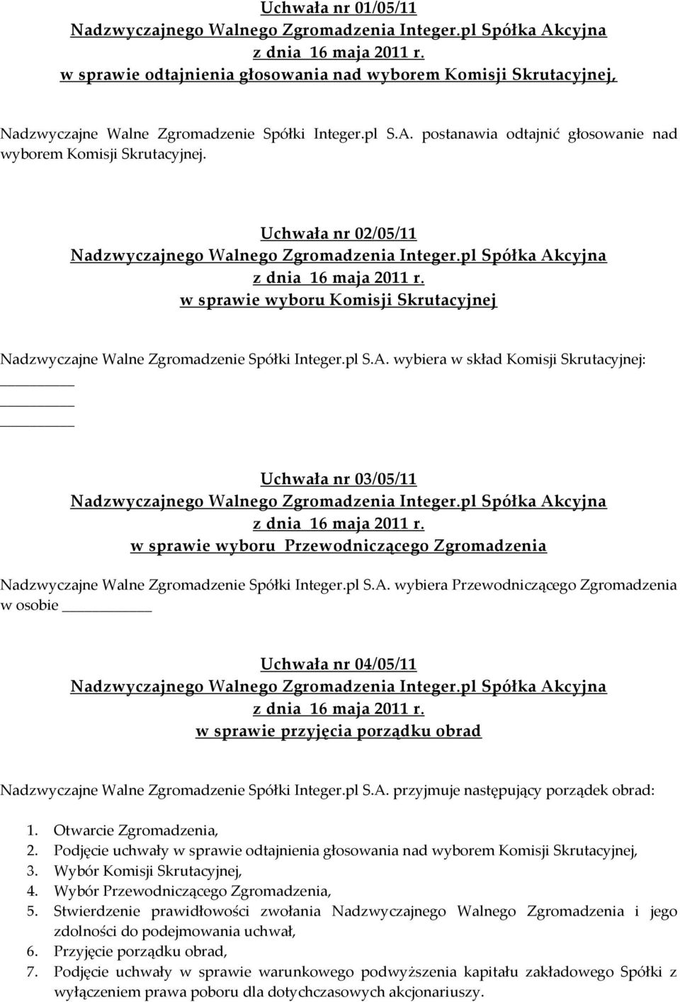 wybiera w skład Komisji Skrutacyjnej: Uchwała nr 03/05/11 w sprawie wyboru Przewodniczącego Zgromadzenia Nadzwyczajne Walne Zgromadzenie Spółki Integer.pl S.A.