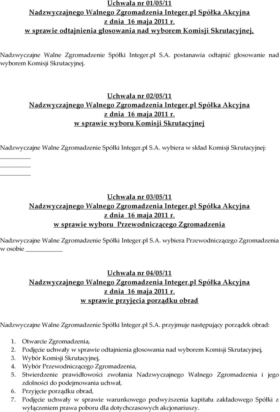 wybiera w skład Komisji Skrutacyjnej: Uchwała nr 03/05/11 w sprawie wyboru Przewodniczącego Zgromadzenia Nadzwyczajne Walne Zgromadzenie Spółki Integer.pl S.A.