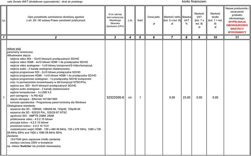 7 x kol. 8) zł Wartość brutto (kol. 7 + kol. 9) zł Nazwa producenta i oznaczenie produktu oferowanego.