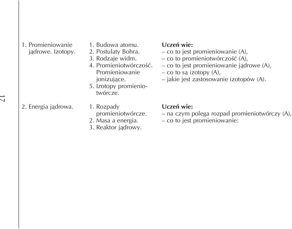Promieniowanie jonizujàce. 5. Izotopy promieniotwórcze. 1. Rozpady promieniotwórcze. 2. Masa a energia. 3. Reaktor jàdrowy.