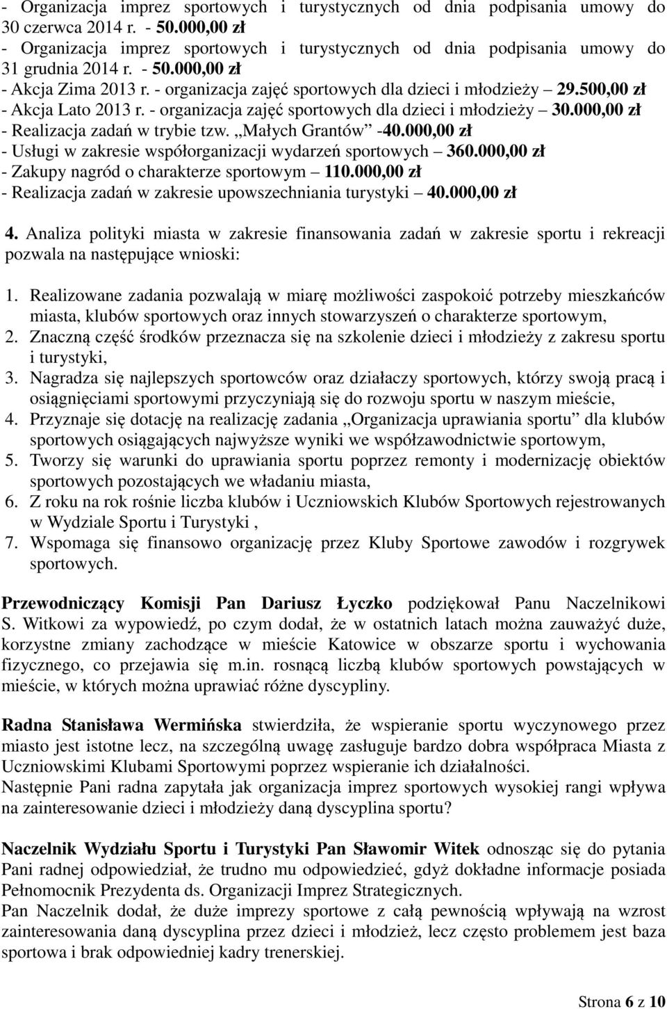 500,00 zł - Akcja Lato 2013 r. - organizacja zajęć sportowych dla dzieci i młodzieży 30.000,00 zł - Realizacja zadań w trybie tzw. Małych Grantów -40.