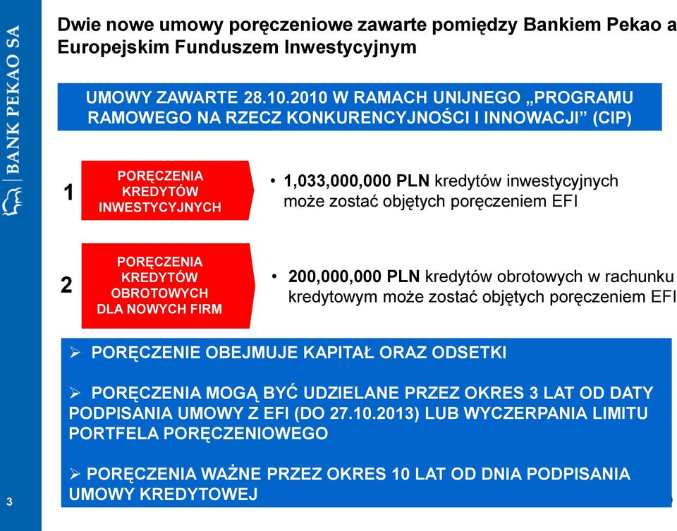 objętych poręczeniem EFI 2 PORĘCZENIA KREDYTÓW OBROTOWYCH DLA NOWYCH FIRM 200,000,000 PLN kredytów obrotowych w rachunku kredytowym może zostać objętych poręczeniem EFI PORĘCZENIE