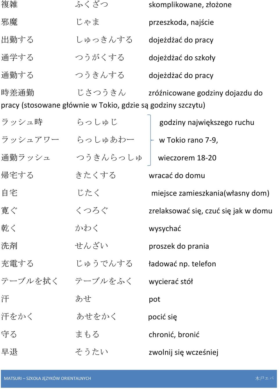 7-9, 通 勤 ラッシュ つうきんらっしゅ wieczorem 18-20 帰 宅 する きたくする wracać do domu 自 宅 じたく miejsce zamieszkania(własny dom) 寛 ぐ くつろぐ zrelaksować się, czuć się jak w domu 乾 く かわく wysychać