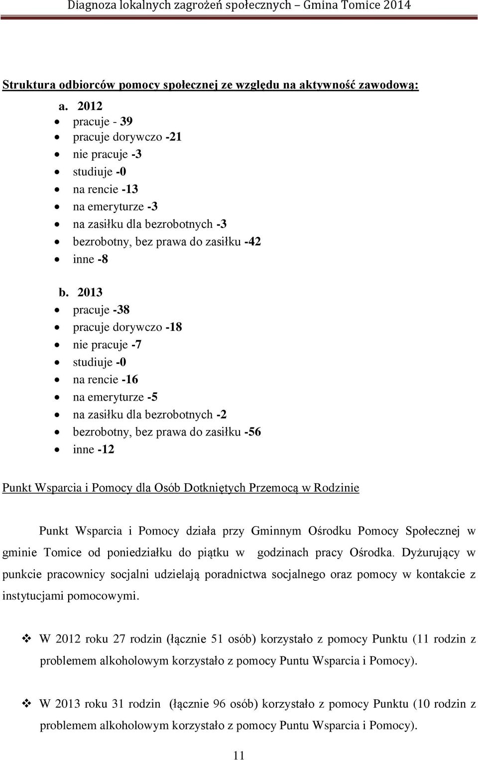 2013 pracuje -38 pracuje dorywczo -18 nie pracuje -7 studiuje -0 na rencie -16 na emeryturze -5 na zasiłku dla bezrobotnych -2 bezrobotny, bez prawa do zasiłku -56 inne -12 Punkt Wsparcia i Pomocy