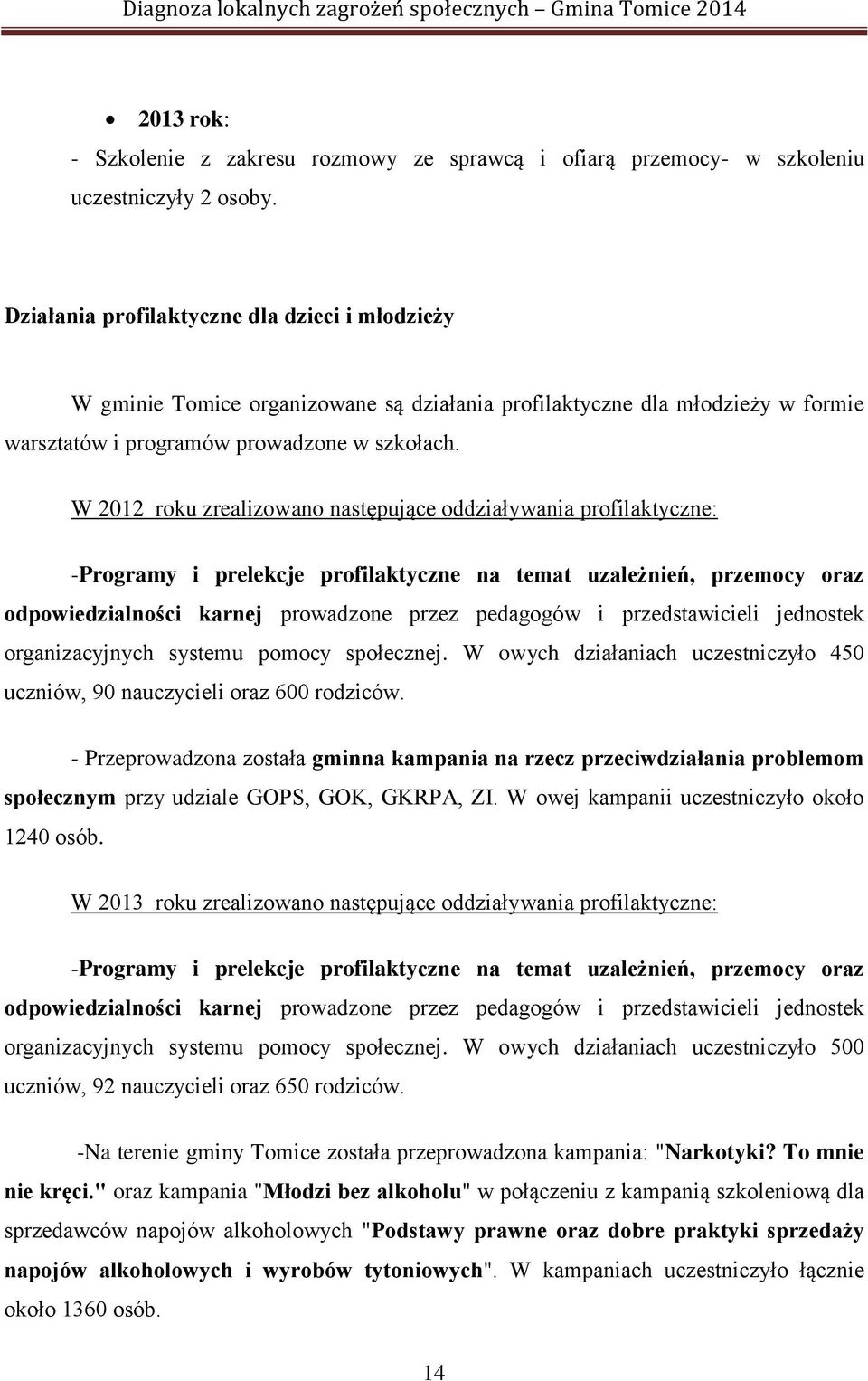 W 2012 roku zrealizowano następujące oddziaływania profilaktyczne: -Programy i prelekcje profilaktyczne na temat uzależnień, przemocy oraz odpowiedzialności karnej prowadzone przez pedagogów i