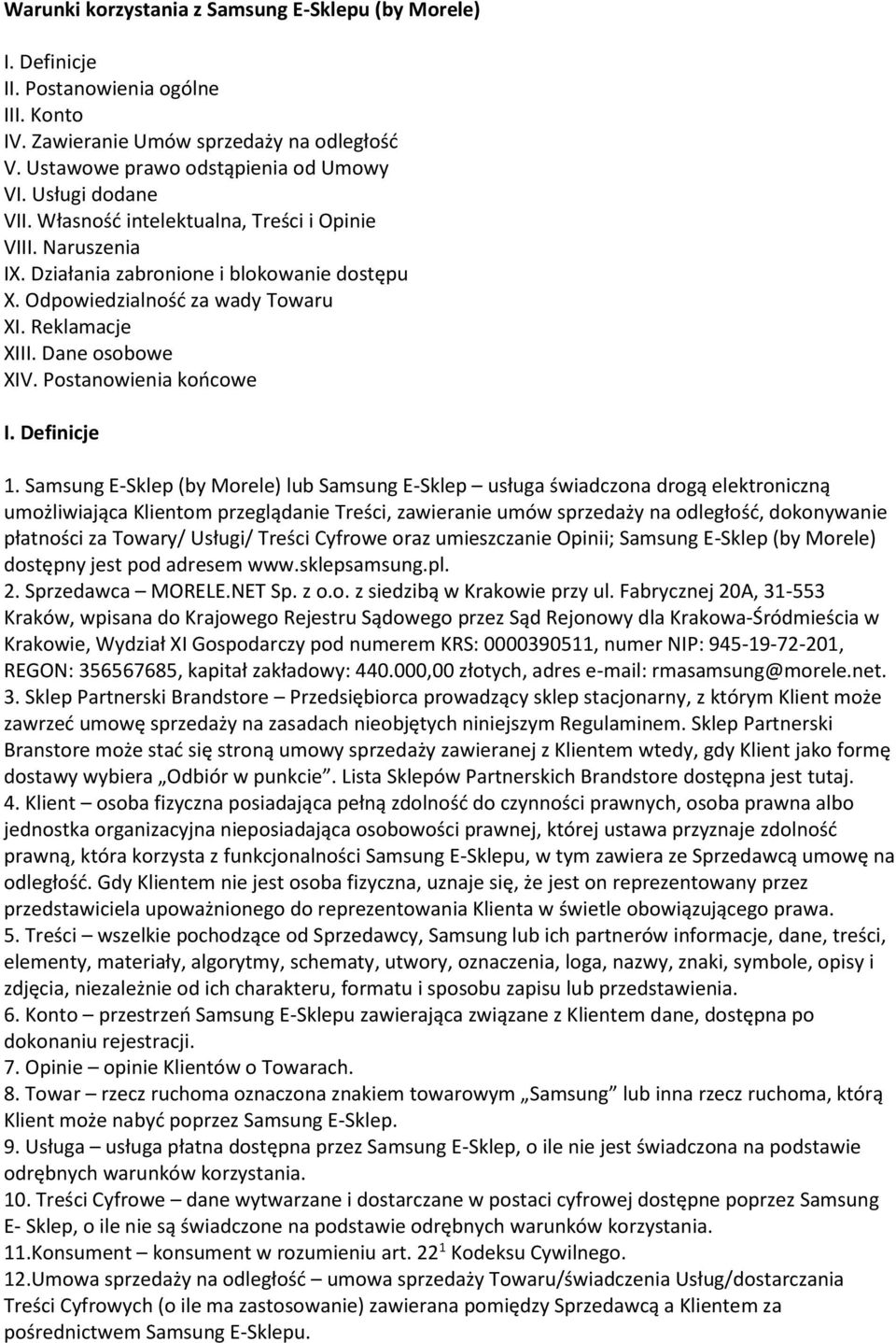 Postanowienia końcowe I. Definicje 1.