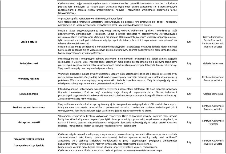 W pracowni grafiki komputerowej i filmowej Filmowe ferie Cykl fotograficzno-filmowych warsztatów odbywających się podczas ferii zimowych dla dzieci i młodzieży, polegających na udokumentowaniu