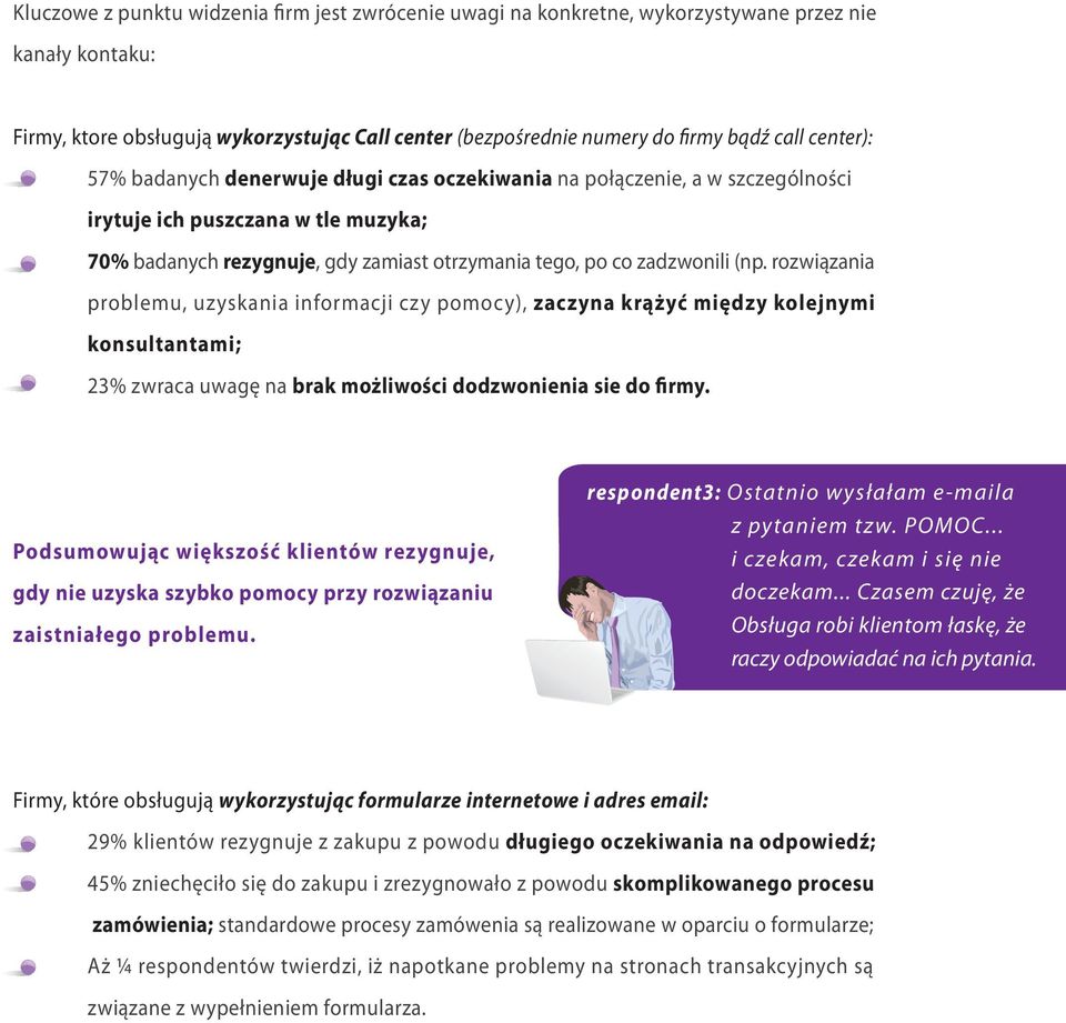 rozwiązania problemu, uzyskania informacji czy pomocy), zaczyna krążyć między kolejnymi konsultantami; 23% zwraca uwagę na brak możliwości dodzwonienia sie do firmy.