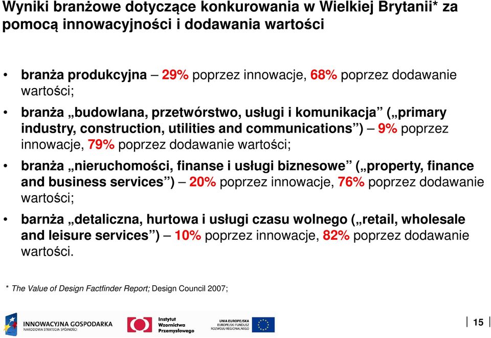 wartości; branża nieruchomości, ci, finanse i usługi biznesowe ( property, finance and business services ) 20% poprzez innowacje, 76% poprzez dodawanie wartości; barnża a