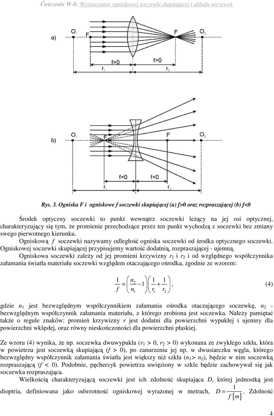 Ogniskowej soczewki skpiającej przypisjemy wartość dodatnią, rozpraszającej - jemną.