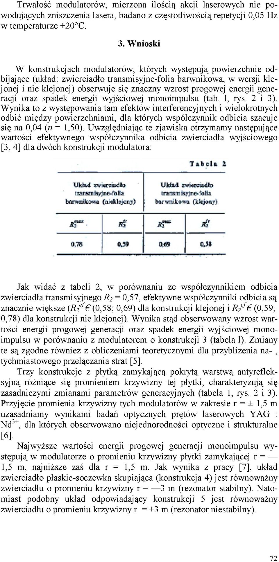 progowej energii generacji oraz spadek energii wyjściowej monoimpulsu (tab. l, rys. 2 i 3).