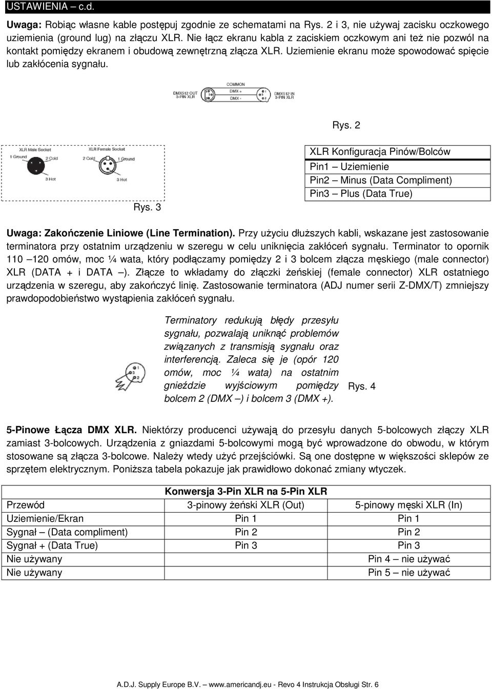 3 XLR Konfiguracja Pinów/Bolców Pin1 Uziemienie Pin2 Minus (Data Compliment) Pin3 Plus (Data True) Uwaga: Zakończenie Liniowe (Line Termination).