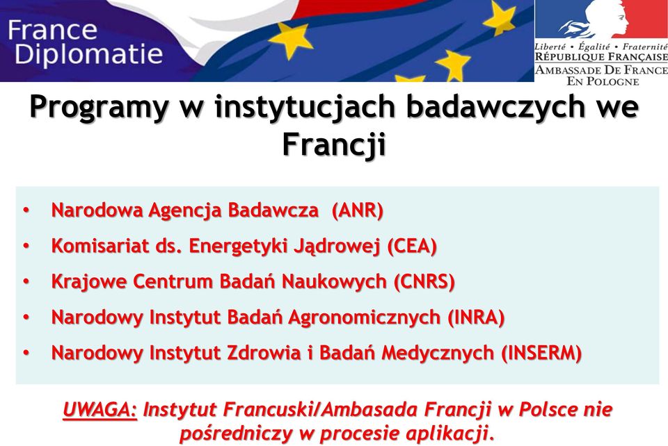 Energetyki Jądrowej (CEA) Krajowe Centrum Badań Naukowych (CNRS) Narodowy Instytut