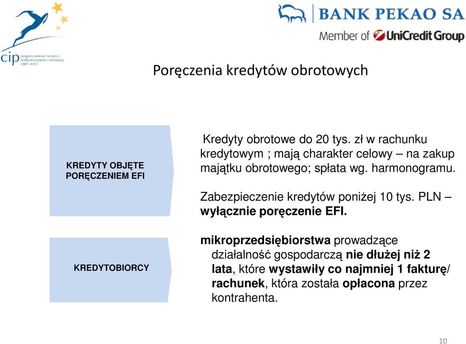 Zabezpieczenie kredytów poniżej 10 tys. PLN wyłącznie poręczenie EFI.