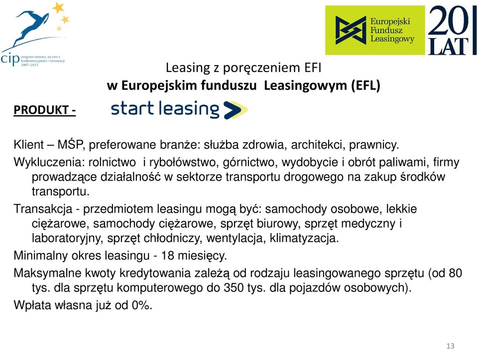 Transakcja - przedmiotem leasingu mogą być: samochody osobowe, lekkie ciężarowe, samochody ciężarowe, sprzęt biurowy, sprzęt medyczny i laboratoryjny, sprzęt chłodniczy,