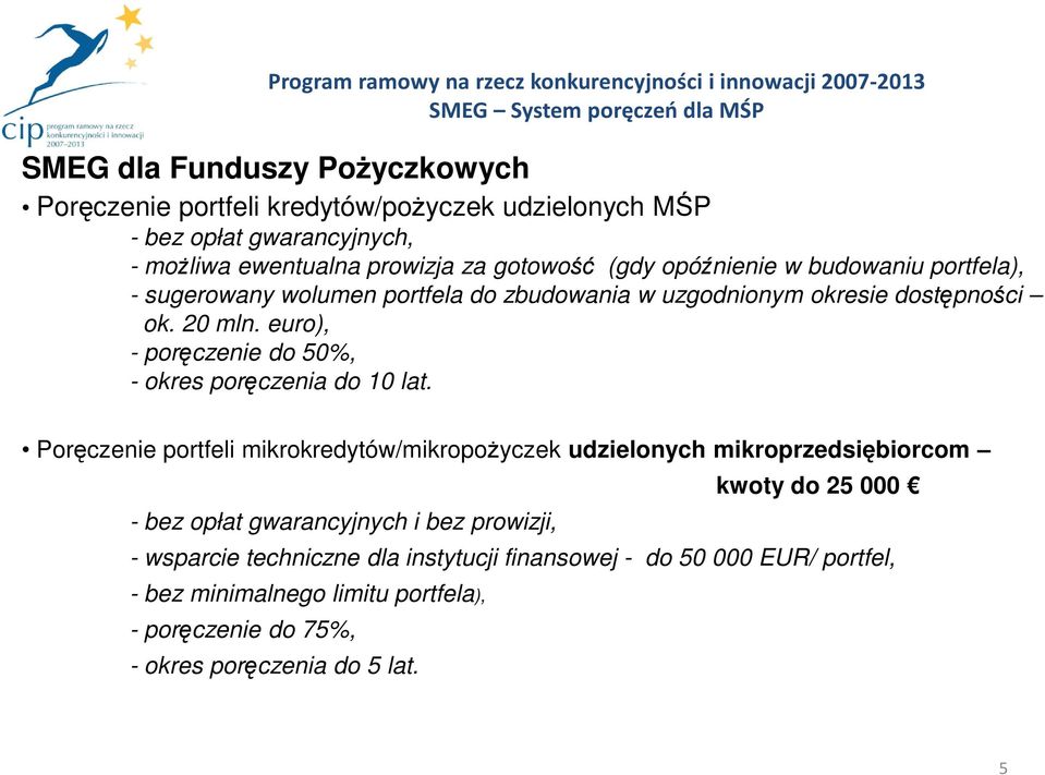 20 mln. euro), - poręczenie do 50%, - okres poręczenia do 10 lat.