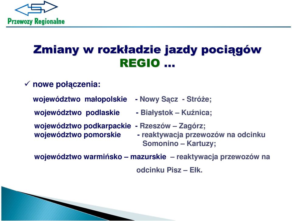 podkarpackie - Rzeszów Zagórz; województwo pomorskie - reaktywacja przewozów na