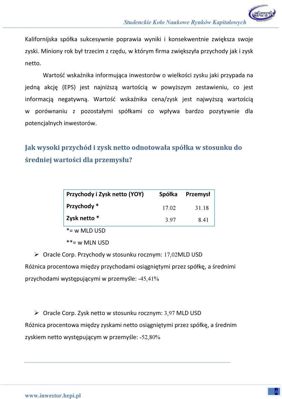 Wartość wskaźnika cena/zysk jest najwyższą wartością w porównaniu z pozostałymi spółkami co wpływa bardzo pozytywnie dla potencjalnych inwestorów.