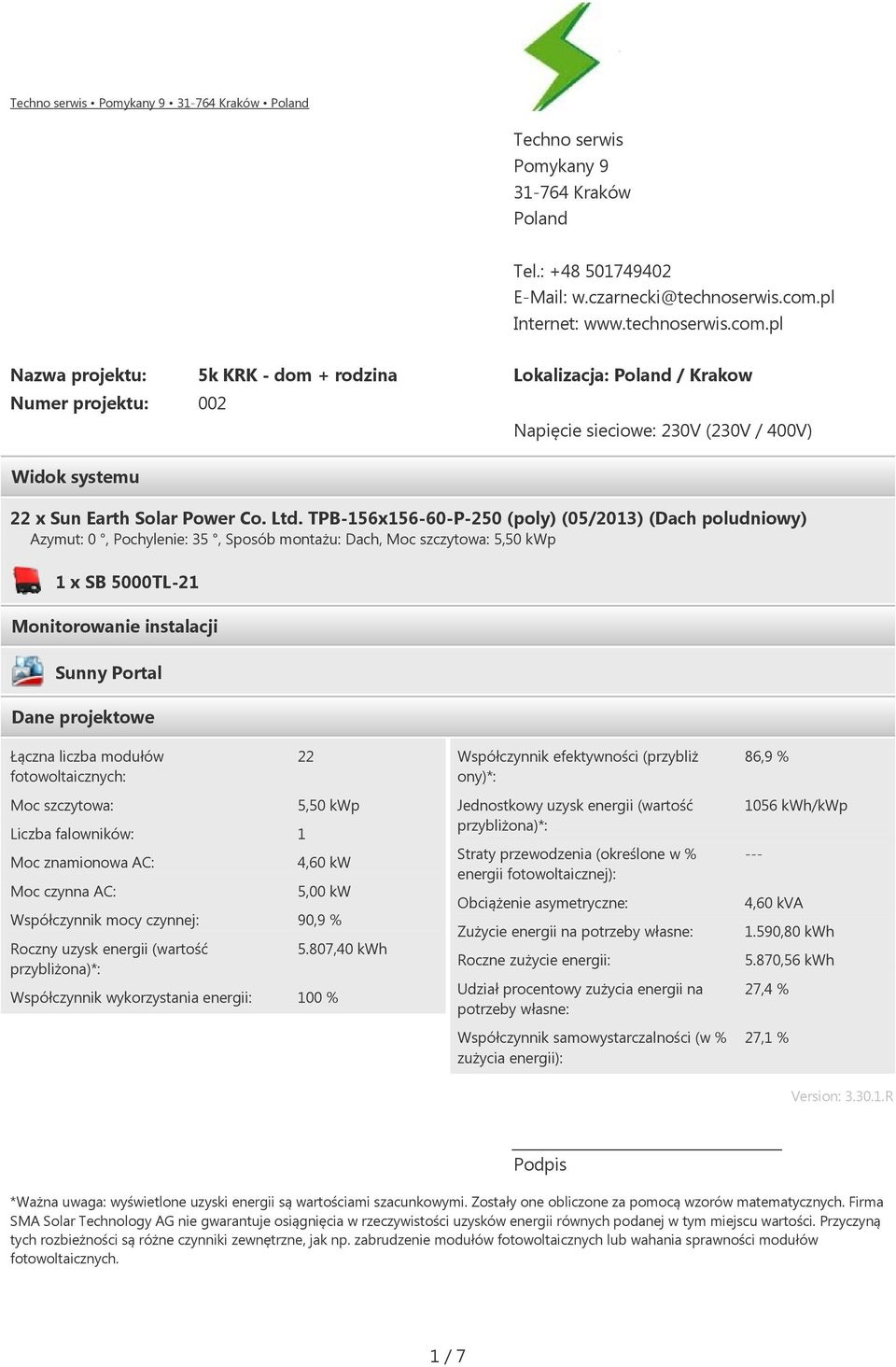 TPB-56x56-60-P-250 (poly) (05/203) (Dach poludniowy) Azymut: 0, Pochylenie: 35, Sposób montażu: Dach, Moc szczytowa: 5,50 kwp x SB 5000TL-2 Monitorowanie instalacji Sunny Portal Dane projektowe